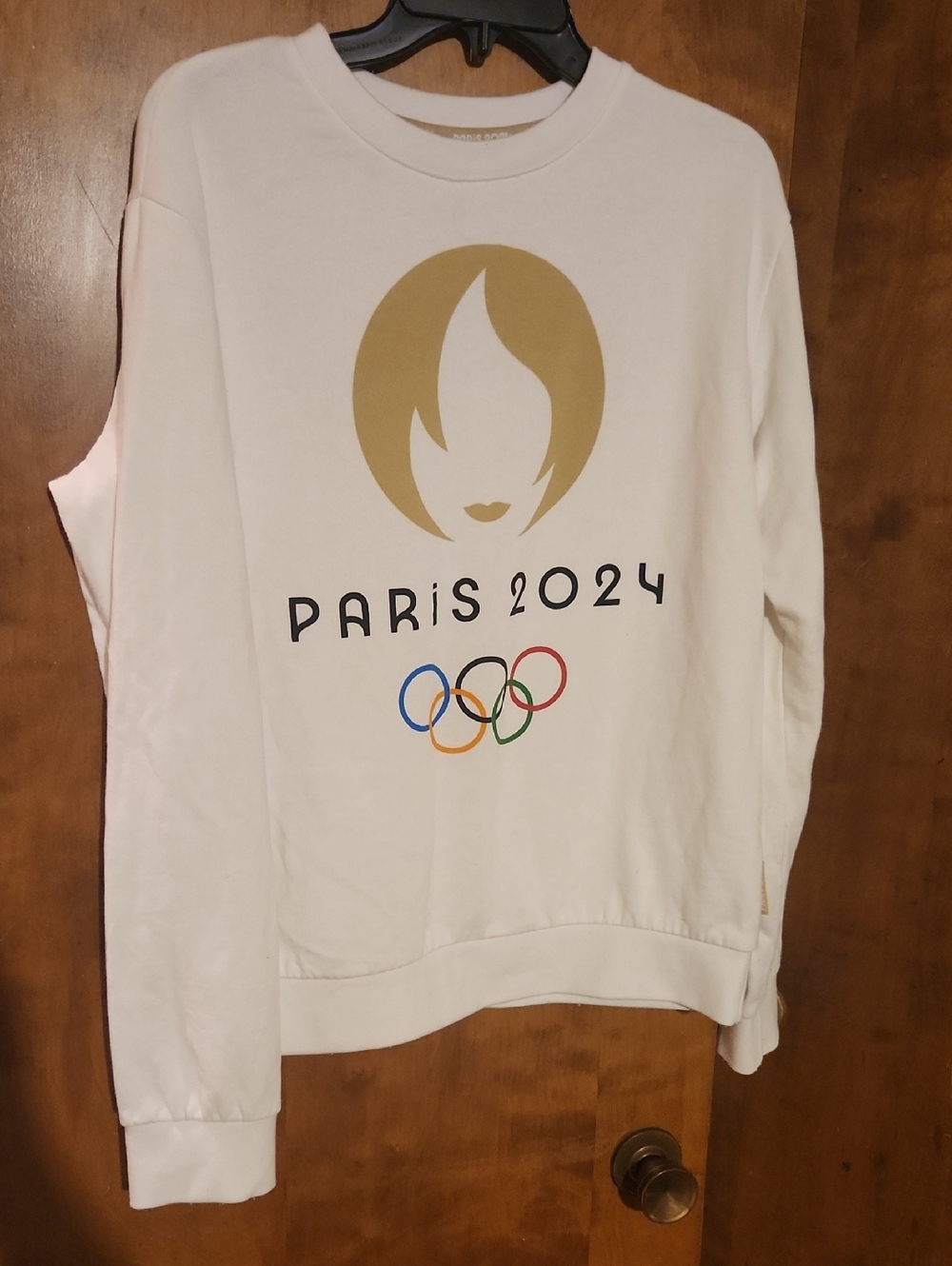 Paris White Crewneck Sweatshirt with Gold Graphic and Multicolor Olympic Rings
